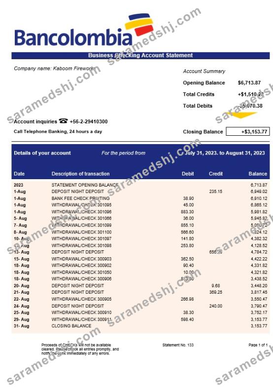 Bancolombia Bank firm statement Word and PDF template